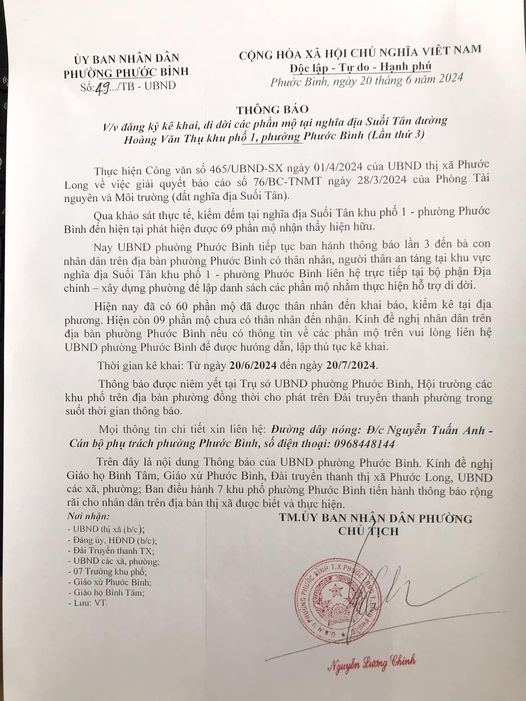 THÔNG BÁO (lần 3): Về việc đăng ký, di dời các phần mộ tại Nghĩa địa Suối Tân, phường Phước Bình, thị xã Phước Long, tỉnh Bình Phước.