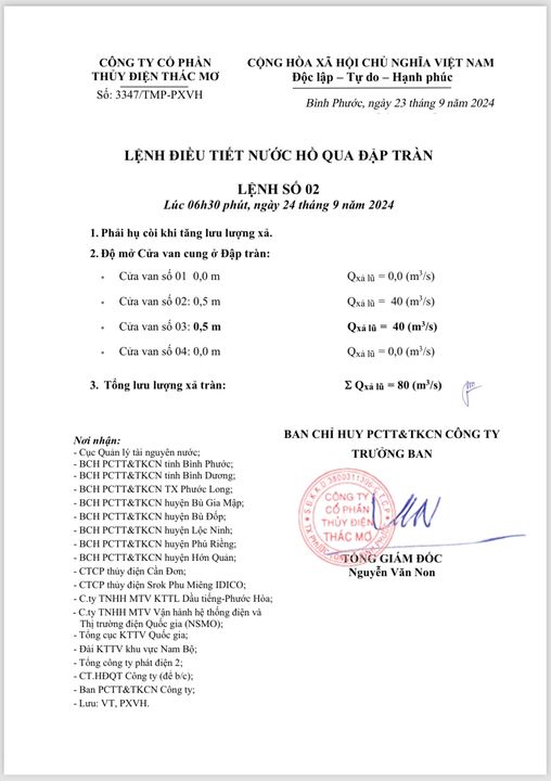 THÔNG BÁO: LỆNH ĐIỀU TIẾT NƯỚC HỒ QUA ĐẬP TRÀN  Vào lúc: 6h30 phút, ngày 24 tháng 9 năm 2024 Nguồn Vb: Công ty Thuỷ điện Thác Mơ.