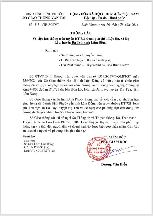 THÔNG BÁO: Về việc lưu thông trên tuyến ĐT.721 đoạn qua thôn Lộc Hà, xã Đạ Lây, huyện Đạ Tẻh, tỉnh Lâm Đồng.