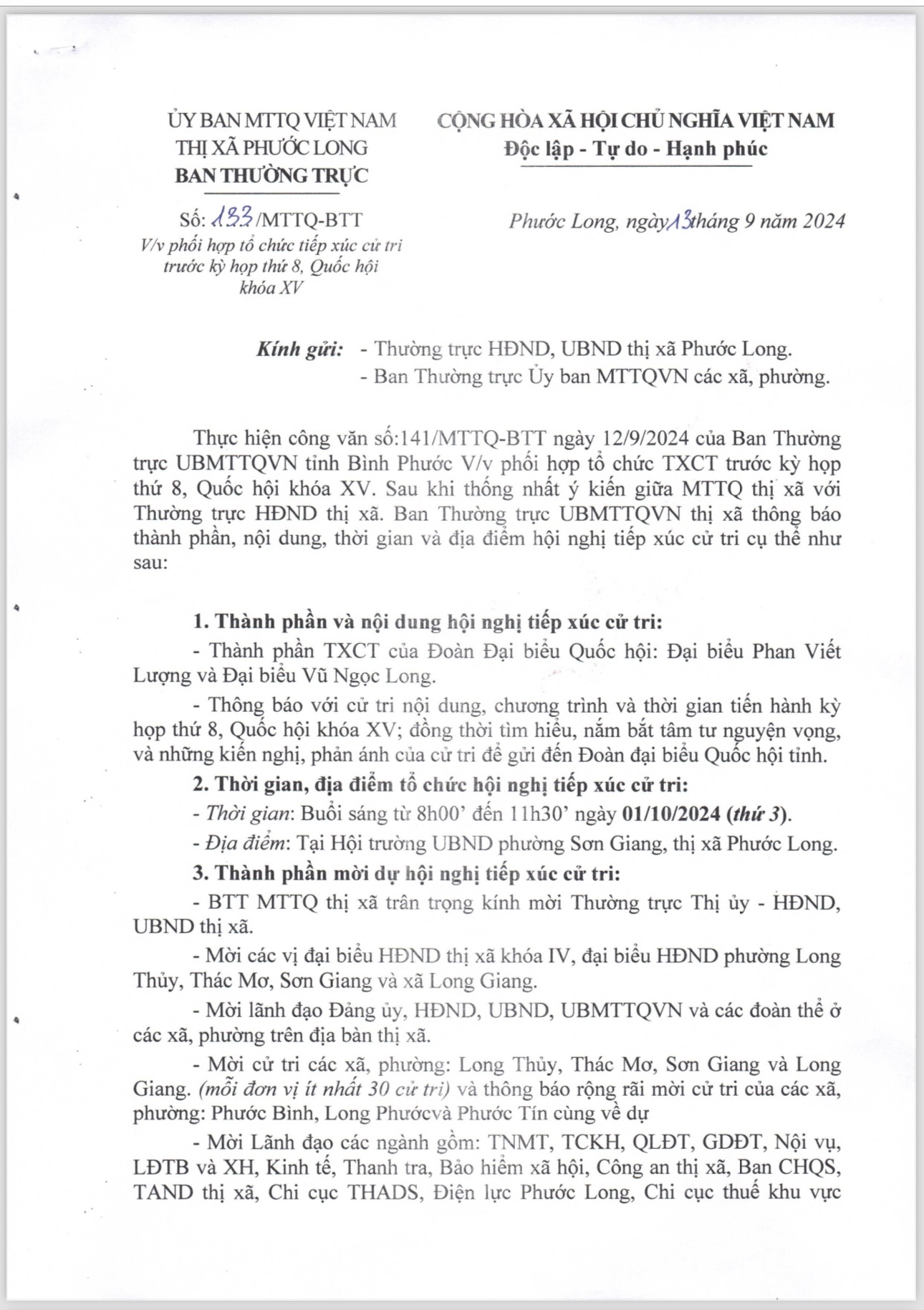 V/ v phối hợp tổ chức tiếp xúc cử tri trước kỳ họp thứ 8, Quốc hội khóa VX