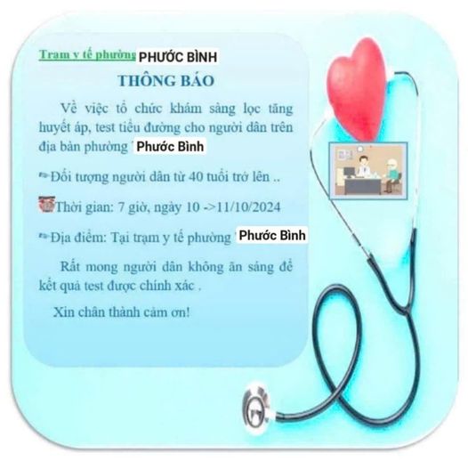 THÔNG BÁO: Trạm Y tế phường Phước Bình. Về việc khám sàng lọc tăng huyết áp, test tiểu đường cho người dân trên địa bàn phường.